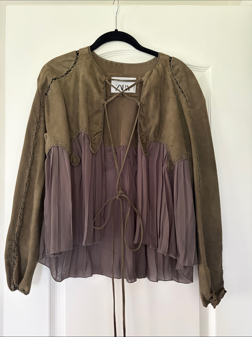 Zara Olive Suede & Mauve Chiffon Tie-Front Jacket